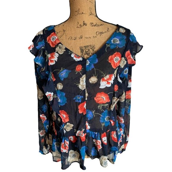 🍒 2/$20 🍒 Navy Blue Floral Sheer Blouse Ruffled Accents  sz M - Picture 1 of 4